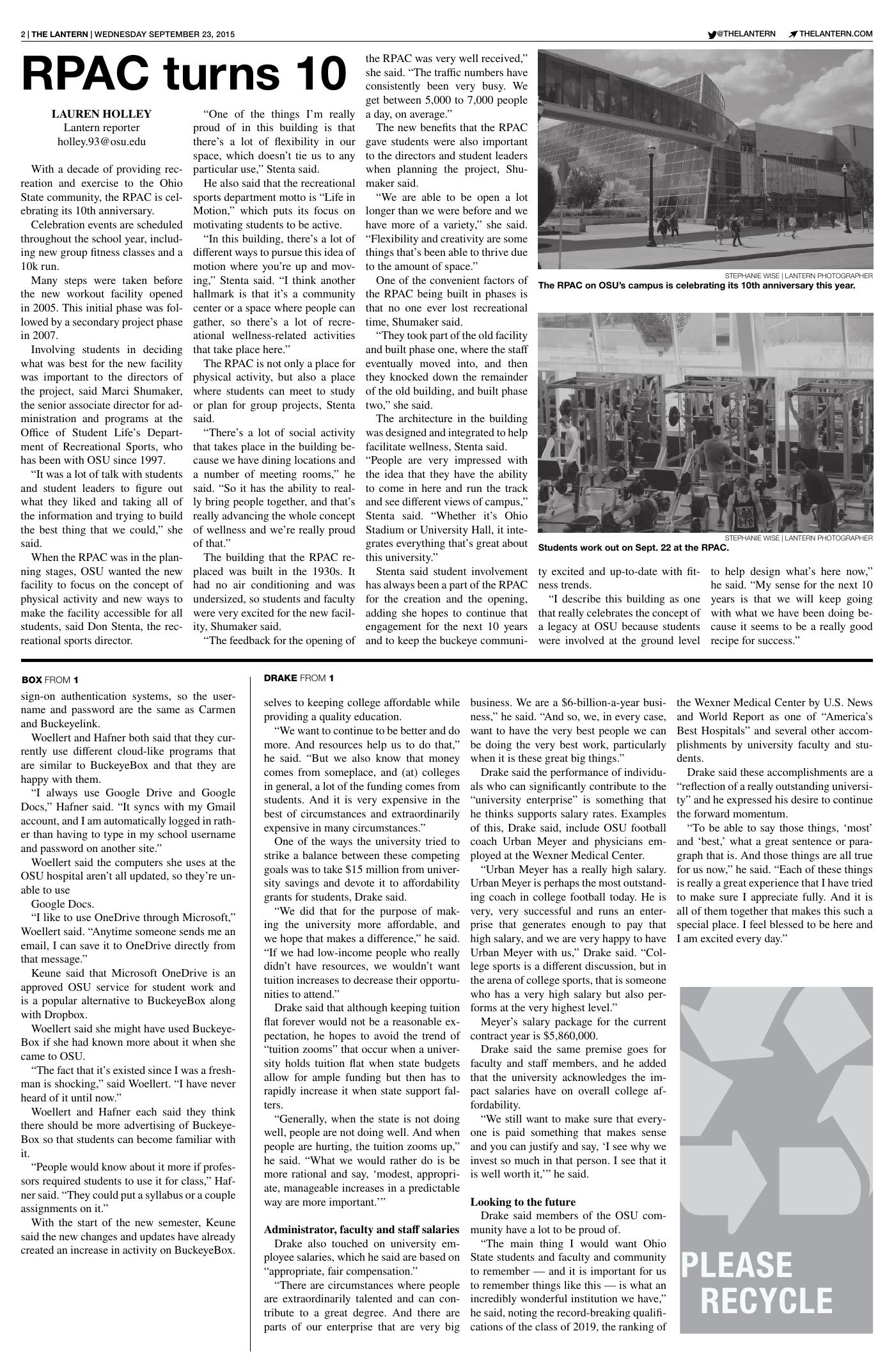A September 23, 2015 Lantern newspaper page with the headline RPAC Turns 10 and photographs of the recreation facility and student activity.